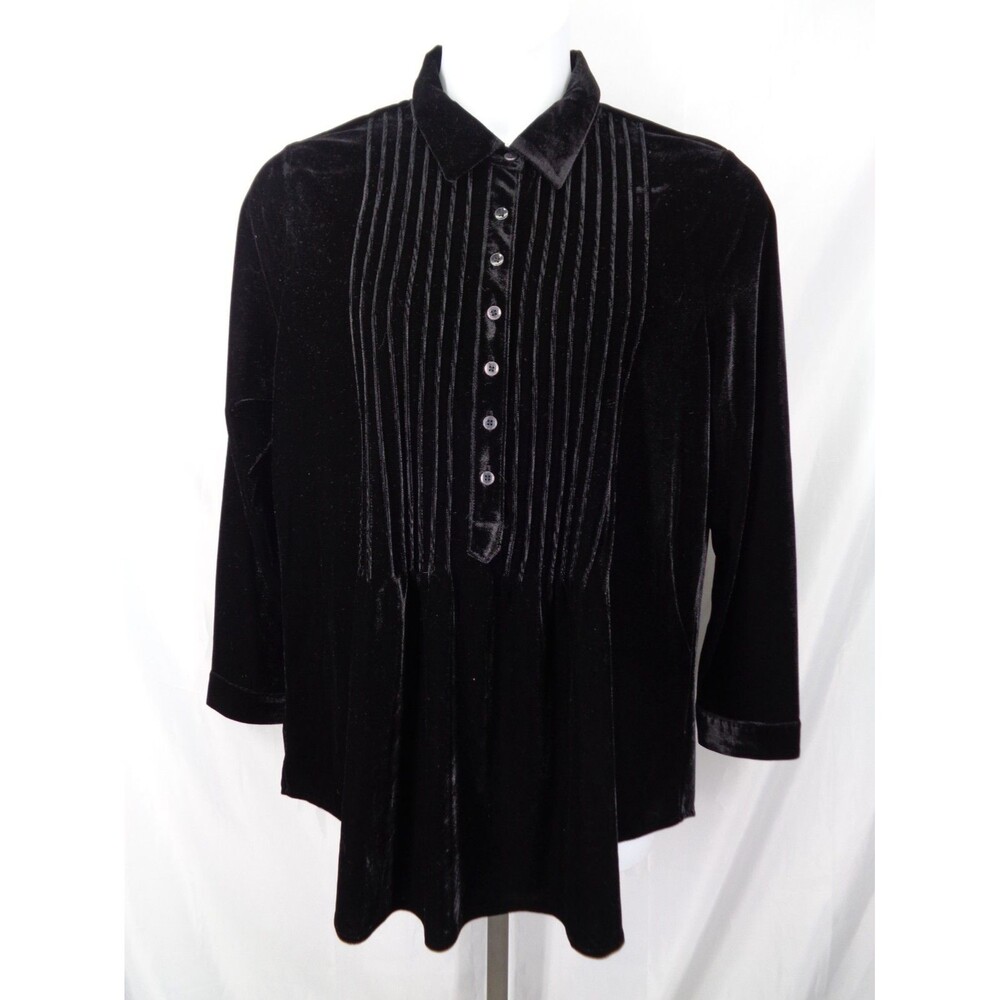 Coldwater Creek Black Velvet Pleated Button Tunic Top Blouse Women XL